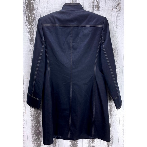 Tahari Arthur S Levine Petite 6P Navy Jacket Women's Long Coat Contrast Stitch - Picture 2 of 7
